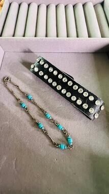 Rhinestone Studded Leather Bracelet and Beaded Chain Bracelet Set